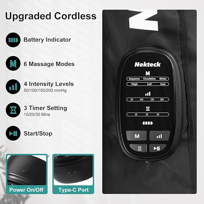 Nekteck Cordless Leg Compression Massager, Rechargeable Massage Tools for Circulation and Pain Relief, Portable Full Leg Boots, Gifts for Mom Dad Men Women, Single Unit