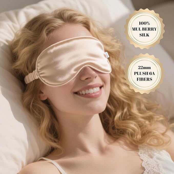 100% Pure Mulberry Silk Eye Mask - 22 Momme Adjustable Strap, Light Blocking, Silk Storage Bag & Gift Box - for Sleep/Travel/Gift, Sensitive Skin Friendly (Champagne)