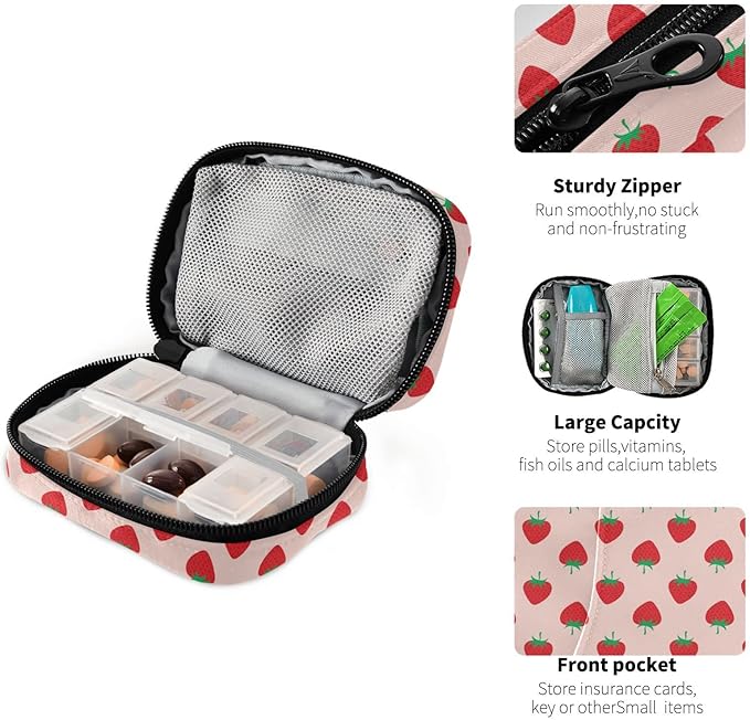 Strawberry Fruit Pill Box 7 Day Pill Case Travel Pill Organizer Bag with Zipper Portable Weekly Vitamin Medicine Supplement Holder Pouch Bag