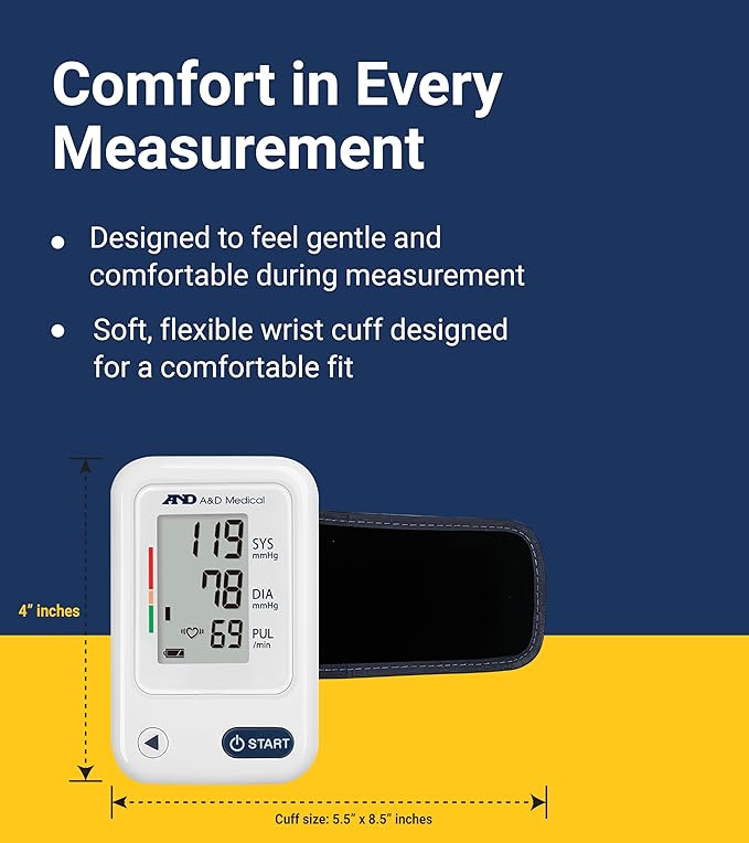 A&D Medical Wrist Blood Pressure Monitor for Home Use - UB-525, BP Adjustable Cuff (5.3-8.5"/13.5-21.5 cm) One Button Operation, 60 Reading Memory, 2 AAA Batteries