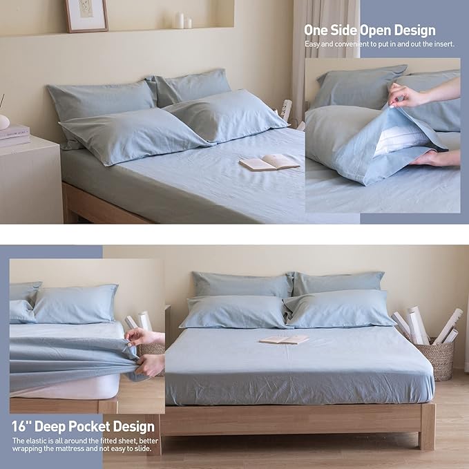 Simple&Opulence Belgian Linen Sheet Set Solid Color - 6 Pieces (1 Flat Sheet & 1 Fitted Sheet & 4 Pillowcases) 16" Deep Pocket Natural Flax Cotton Blended Soft Bedding - Dusty Blue, Queen Size