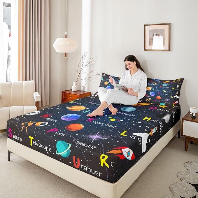 Alphabet Outer Space Astronaut Fitted Sheet Twin Size, ABC Planet Bed Sheet Set Kids Toddler Galaxy Bedding Set ABC Alphabet Learning Bed Cover Bed Set 2Pcs (No Flat Sheet)