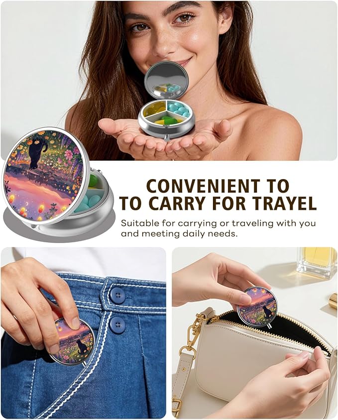 LRITER Pill Case, Portable Travel Pill Box, Pillbox Organizer, Cute Small Medicine Storage Container, Purse Accessories for Women, Men (Cat and Flower)