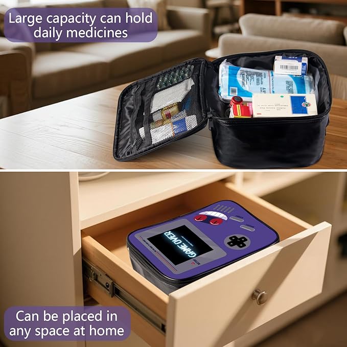 Medicine Bag, PU Leather Pill Bottle Organizer Storage, First Aid Bag Medication Travel Bag for Pills, Vitamins, Medical Supplies for Home, Traveling Hiking Camping (Purple)