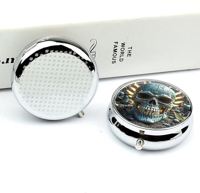 Cool Evil Skull Pill Box Travel Pill Case for Purse Pocket Weekly Medicine Organizer with Mirror 3 Compartment Round Medicine Case Portable PillcaseHolder for Daily