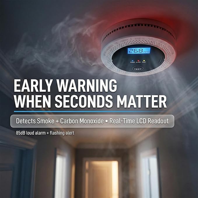 3-Pack Smoke & Carbon Monoxide Detector with LCD Display, 85dB Alert, 2-in-1 Battery-Powered Alarm for Home, RV, Apartment Safety