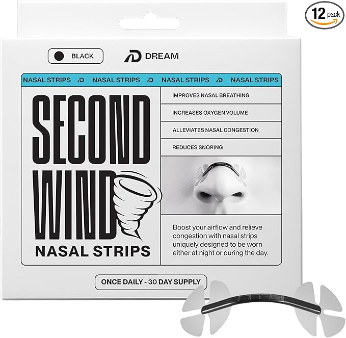 Dream Recovery Second Wind Nasal Strips - Nose Strips for Breathing, Sleep and Athletic Performance - Snore Relief and Congestion Support - Black, 360 Count