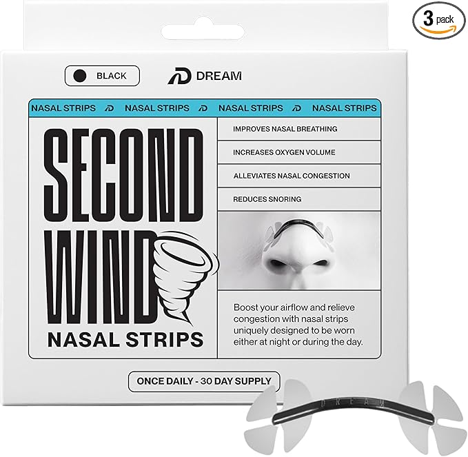 Dream Recovery Second Wind Nasal Strips - Nose Strips for Breathing, Sleep and Athletic Performance - Snore Relief and Congestion Support - Black, 90 Count