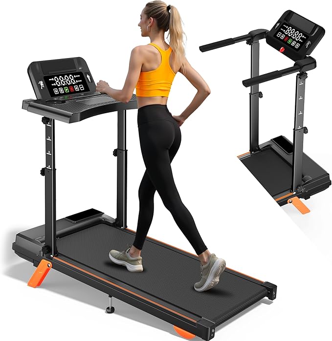 12% Incline Treadmill with Desk, 8.0MPH/3.5HP Walking Pad with Adjustable-Height Handle Bar, 300lb Weight Capacity Portable Treadmill for Home, Small Spaces,Manual Treadmills