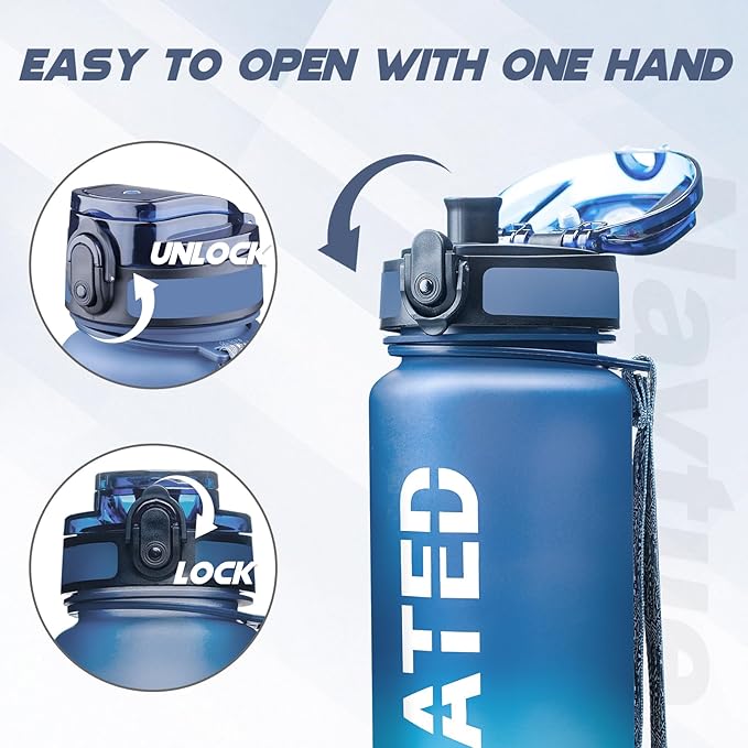 Water Bottle, 32oz Sports Water Bottles with Time Marker Wide Mouth, Motivational and Leakproof Drink Bottle, BPA Free Tritan with Carry Strap for Gym Fitness Outdoor (1 Bottle)