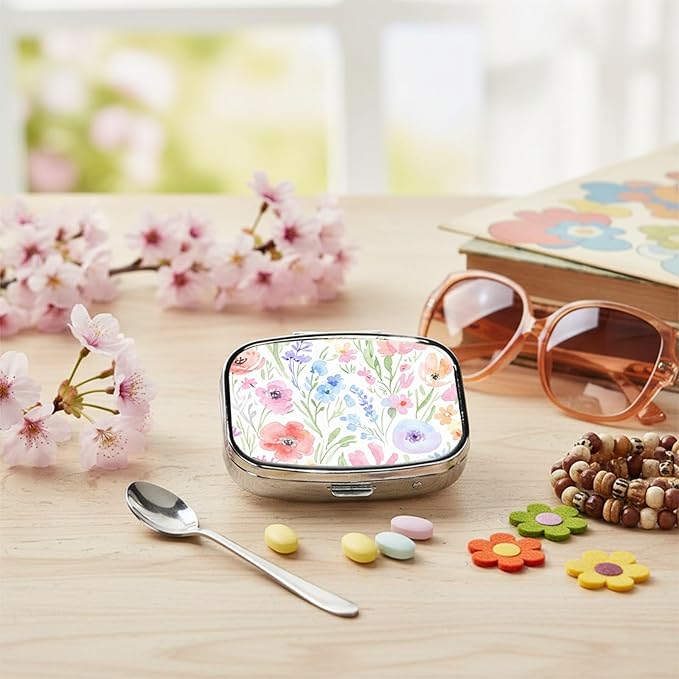 Square Pill Case Small Pill Box with Mirror Pocket 2 Compartment Vitamin Pill Medicine Case Organizer Pill Containers for Traveling Oil-Painted Wildflowers One