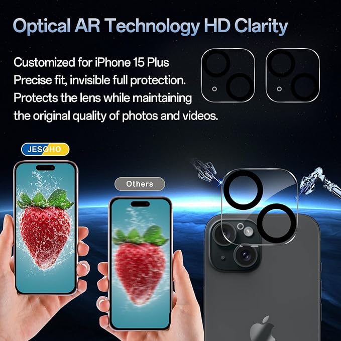Blue Light Screen Protector for iPhone 15 Plus [6.7 Inch],2 pcs Colorless Anti-Blue Light Tempered Glass Films, HD Clear, 9H Hardness, No Bubbles, Case Friendly with 2 pcs Camera Lens Protector