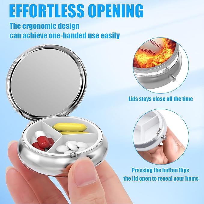 Baseball Pill Case, Pill Box 3 Compartments Metal Small Pill Holder with Mirror Mini Travel Pill Container for Purse Pocket Women Men