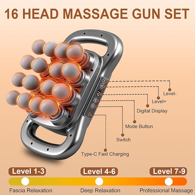 16 Head Massage Gun Deep Tissue, Percussion Muscle Massager with 9 Modes & Levels, Red Light Therapy, Portable Massage Gun Set Quiet Back Massager for Shoulder Legs Waist Body Pain Relief (Gray)