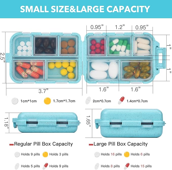 Large Travel Pill Organizer with Medicine Labels, Travel Pill Box Medicine Organizer Daily Pill Container 10 Compartments Pill Case (Blue, 189 Lables)