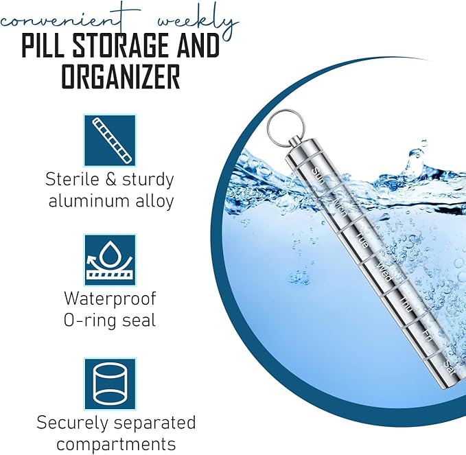 Zam-Zam Daily Pill Organiser | Portable 7 Day Pill Organizer | Large Capacity Travel Pill Container | Convenient Weekly Pill Box for Medication Management | Travel Pill Organizer with Labels(Aluminum)