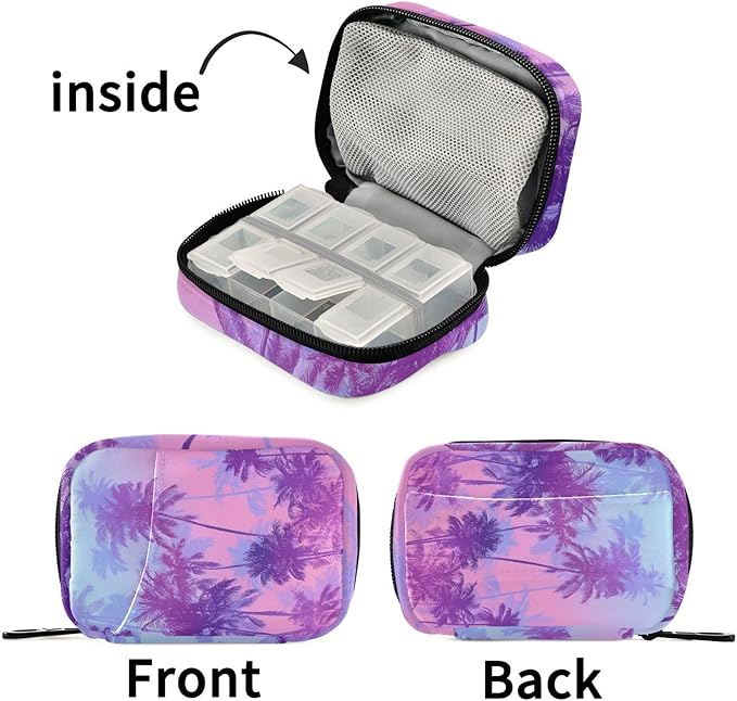 Gradient Blue and Pink Palm Trees Travel Pill Organizer Case Box Container Weekly Portable Vitamin Medicine Holder Storage Bag with Zipper Removable
