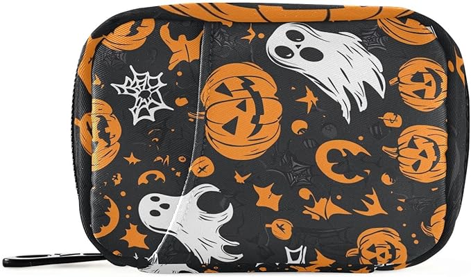 Gothic Funny Halloween Ghost and Pumpkins Travel Pill Organizer Case Box Container Weekly Portable Vitamin Medicine Holder Storage Bag with Zipper Removable