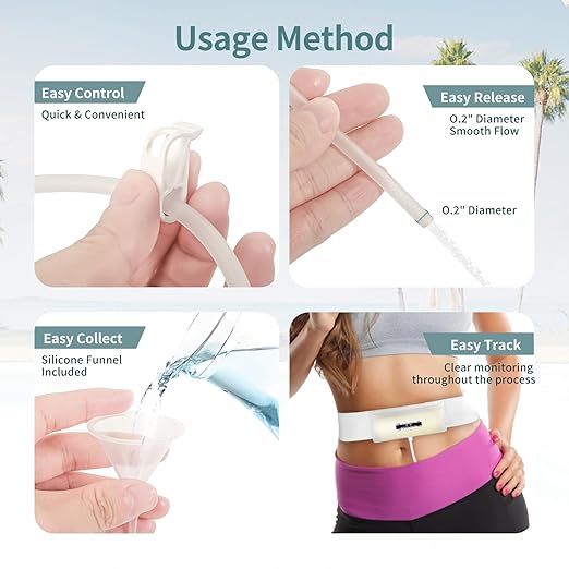 Urine Test Complete Kit with 2-4 oz Sample Pouch, 43.3 inch Concealed Stretch Belt with 5 Liquid Release Outlets, Temperature Strips, Silicone Funnel, Clamps and Plug, Reusable Storage System (White)