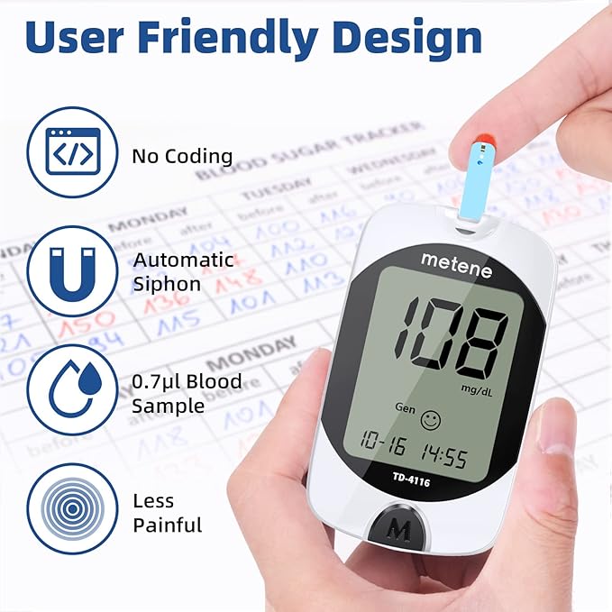 Metene TD-4116 Blood Glucose Monitor Kit & Metene TD-4116 Blood Glucose 200 Test Strips