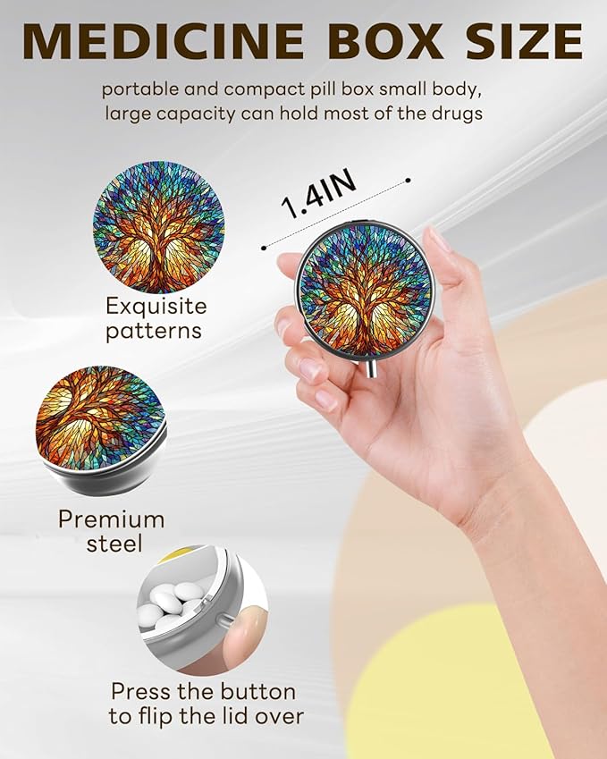 LRITER Pill Case, Portable Travel Pill Box, Pillbox Organizer, Cute Small Medicine Storage Container, Purse Accessories for Women, Men (Glass Tree)