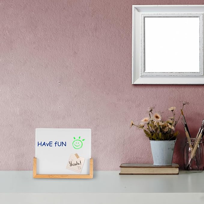Desktop Glass Dry Erase Board with Solid Wood Base, Memo Whiteboard, Writing Note Pad, Mini Glassboard for Tabletop Display(Rustic Base,Glass)