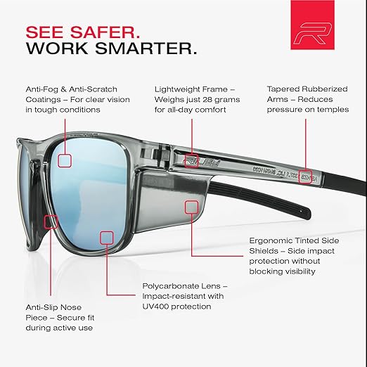Riley Navigator X Safety Glasses – Anti-Fog, Scratch/Impact Resistant & UV Blocking, Lightweight Full-Frame for Work, Outdoors, & Active Lifestyles, Arctic Blue Mirror/Gray