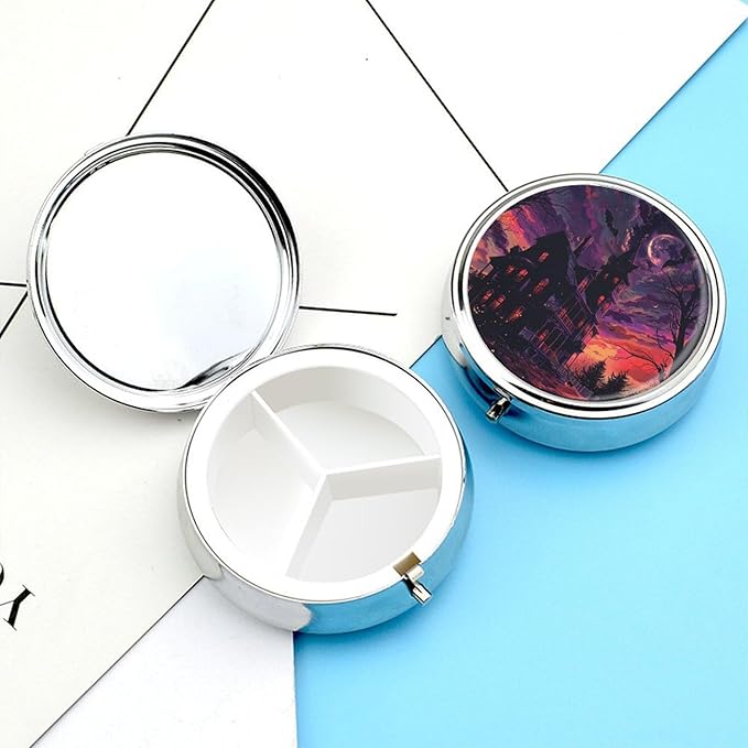 Black Haunted House Pill Box Travel Pill Case for Purse Pocket Weekly Medicine Organizer with Mirror 3 Compartment Round Medicine Case Portable PillcaseHolder for Daily