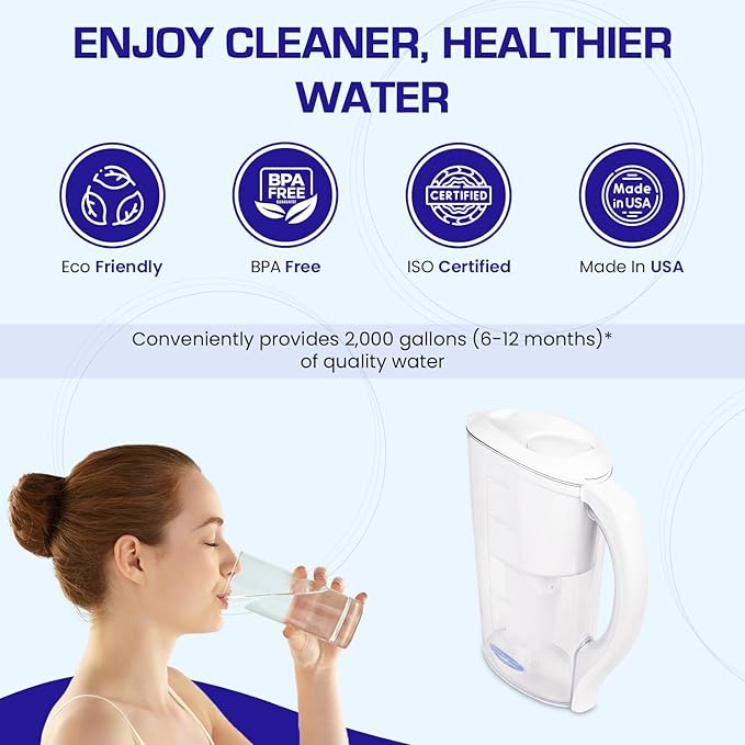 Crystal Quest Water Filter Pitcher - 12-Cup Capacity, Includes 1 Long-Life Filter, BPA Free, Meets NSF Standard 42 - Filters up to 2,000 Gallons – Smart + Fluoride Removal/White