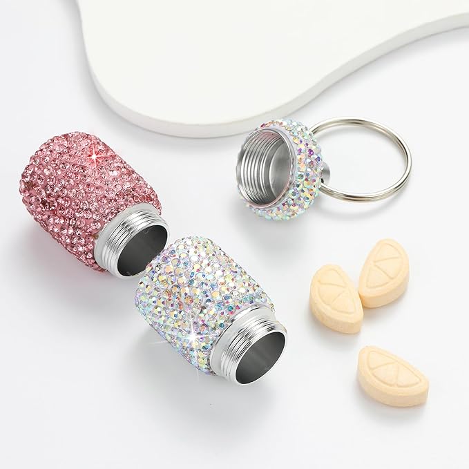 Bling Pill Case Portable Travel Pill Container Bottle Rhinestone Waterproof Small Pill Holder with Keychain Cute Mini Pill Storage Box for Outdoor Camping Case (AB-Pink)