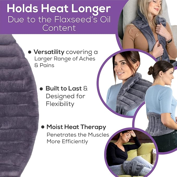 Microwavable Heating Pad for Back Pain Relief – Moist Heat Pack for Neck & Shoulders – Microwave Wheat Bag with Long Ties – Reusable Hot Cold Therapy Wrap for Cramps, Stress & Muscle Relaxation XL 71”