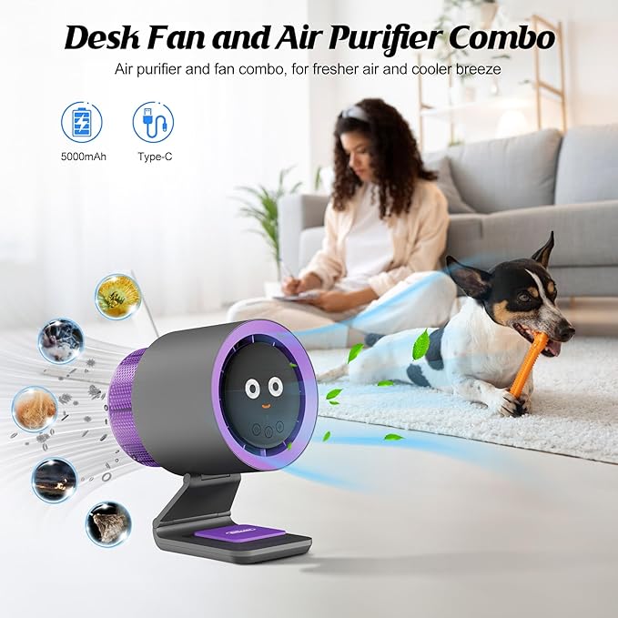 Desk Fan, Small Fan for Bedroom , Portable Fan with Air Purifier,Personal Fan with Four Different Emotions,Desk Fans Small Quiet,4 Speed Adjustment,Cooling Fan for Home, Office, Bedroom(5000mAh)