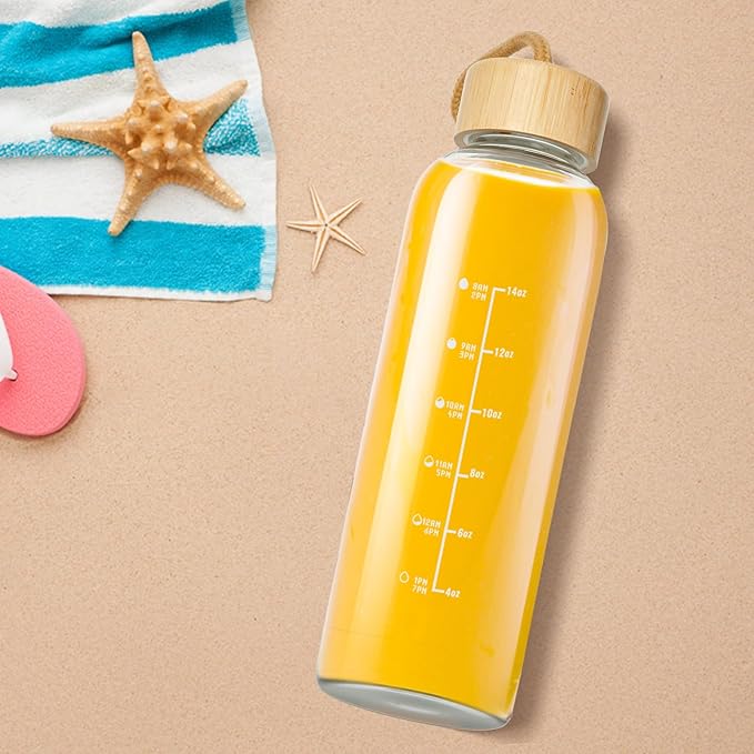 Glass Bottles with Lids and Time Marker, Glass Water Bottles with Carrying Strap, 17oz Glass Bottles for Juicing for Office, Gym
