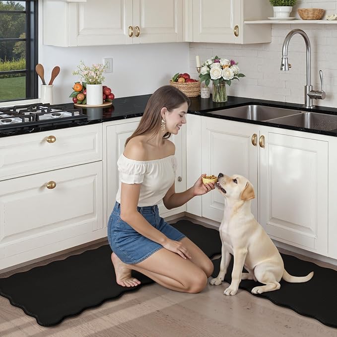 KIMODE Scalloped Kitchen Mats for Floor Cushioned Anti Fatigue,Wavy Kitchen Sink Rugs Sets of 2 Non Slip,Comfort Memory Foam Kitchen Floor Mat Carpet for Office Laundry,Black