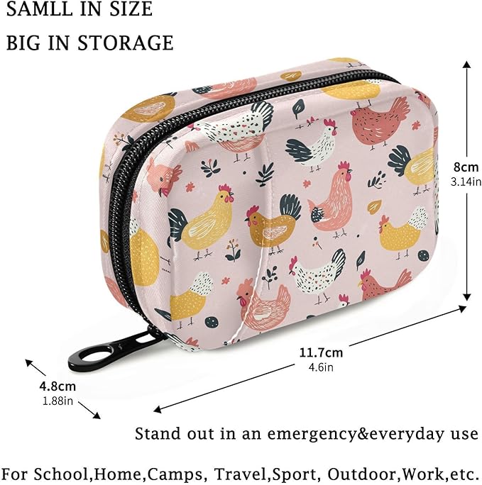 Fustylead Cute Cartoon Hens and Roosters on Pink Background Travel Pill Case Bag with Zipper Weekly Pill Box 8 Compartments 7 Day Personal Pill Case Purse Medicine Case Organizer