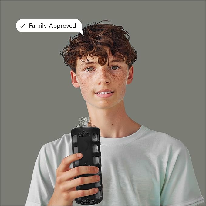 purifyou 40oz / 32oz / 22oz / 12oz Borosilicate Glass Water Bottle with Time & Volume Markers, Silicone Sleeve, Stainless Steel Lid | Reusable Glass Bottle for Water & Juice (12oz Jet Black)