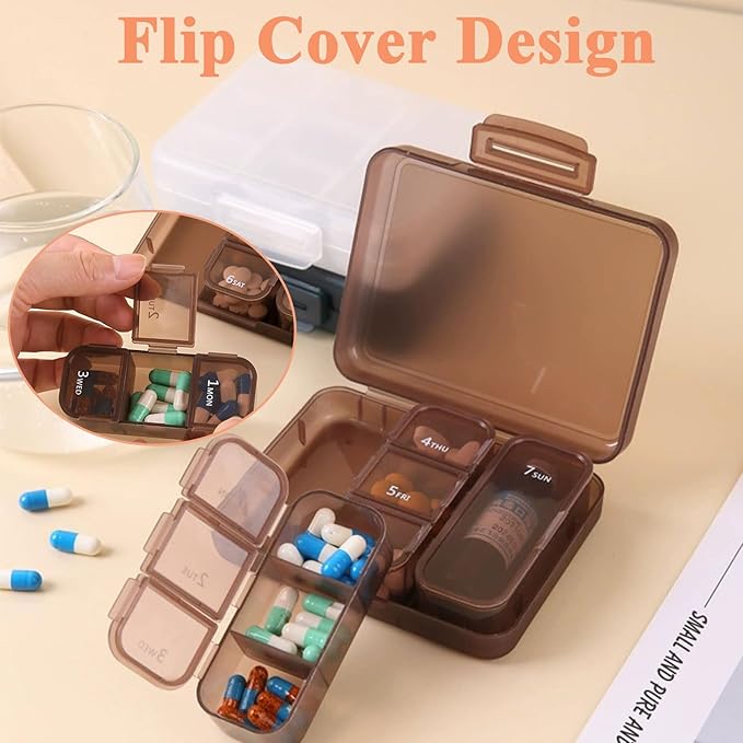 Portable Pill Organiser for Travel, 7-Day Pill Boxes with 7 Compartments 3 Separate Inner Boxes, Double Seal Dust-Proof, BPA-Free, for Vitamins, Medicines, DHA, Supplements (Blue)