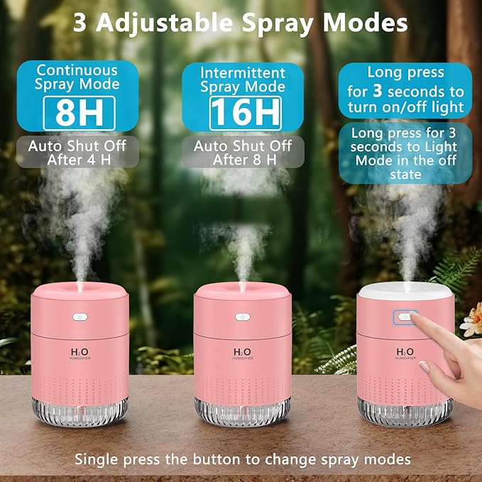 SZO Portable Mini Humidifier, 500ML USB Personal Cool Mist Humidifiers for Bedroom Office Travel Desk, Whisper Quiet 20dB with 2 Mist Modes & Auto Shut-Off, Small Desktop Humidifier(Pink)