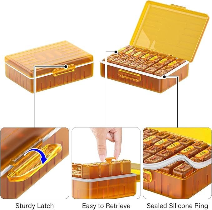 Weekly Pill Organizer 4 Times a Day, Large Compartments Pill Box 4X 7 Day, Medicine Organizer Pill Case for Pills/Vitamins/Fish Oils/Medication/Supplements (Yellow)