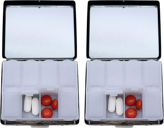 Set of 2 Metal-Plated Weekly (7-Day) Pill Box Case & Portable Medicine Organizer (Silver Victorian)