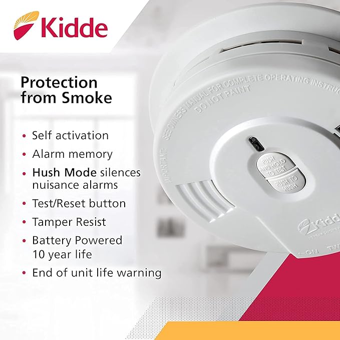 Kidde Smoke Detector, 10-Year Battery, LED Indicators, Replacement Alert, Test-Reset Button, 6 Pack, White
