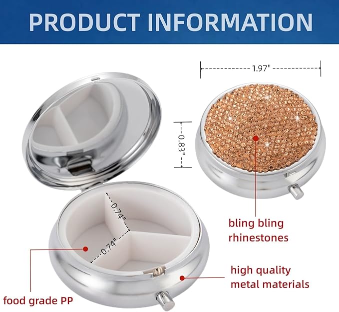 Small Pill Organizer,Birth Control Pill Case,Medicine Container,Round Pillbox Holders,Compact Pill Organizer(Champagne)