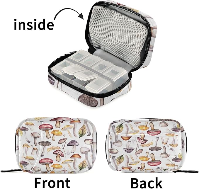 Travel Pill Case Mushrooms Pattern Weekly Small Pill Box 7 Day Pill Box Pill Organizer Bag