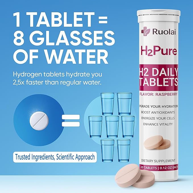 Ruolai H2pure Hydrogen Tablets – H2 Tabs – Fast-Dissolving Hydrogen Supplement for Cellular Hydration, Detox, Liver & Mental Clarity – Caffeine-Free, Vegan (Raspberry)