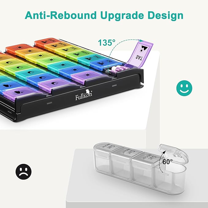 Fullicon Weekly Pill Organizer 4 Times a Day, Large Capacity Pill Case with Easy Fill, Medicine Organizer for Vitamin, Supplement & Pill, Great Gifts for Seniors (Black Rainbow) - Patent Pending