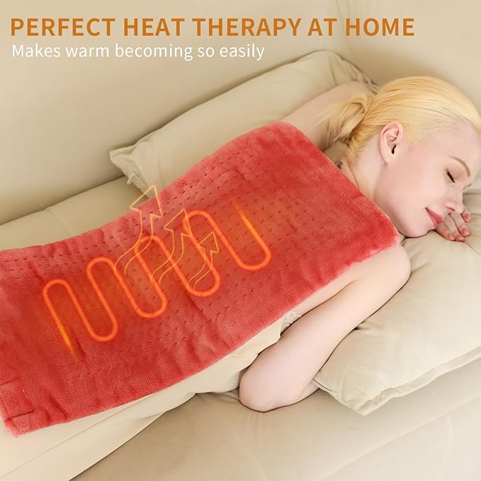 Massaging Weighted Heating Pad - Electric Heating Pad for Back Pain Relief with Massager, 3 Heat, 6 Massage, Auto Off, Extra Large Vibrating Heat Pad for Shoulder Neck (Grapefruit Red, 12"×24")
