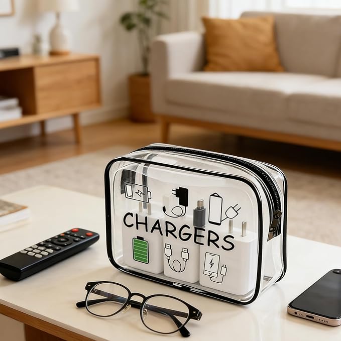 ZAHSY Clear Organizer Pouch Travel Charger Bag with Zipper Charger Cable Storage Travel Makeup Bag for Chargers Accessory Pouch Traveling Gifts for Women Organising Bags Zipper Pouches for Organizing