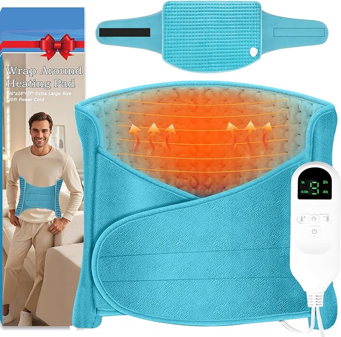 Large Heating Pads for Back Pain/Period Cramps, 4 Timer(Max 4H)/9 Heat/10ft Long Cord/ 16 * 24" Heat Pad+27" Belt Wearable(51" in Total) Electric Wrap Around Heating Pad Birthday Christmas Gift(Blue)
