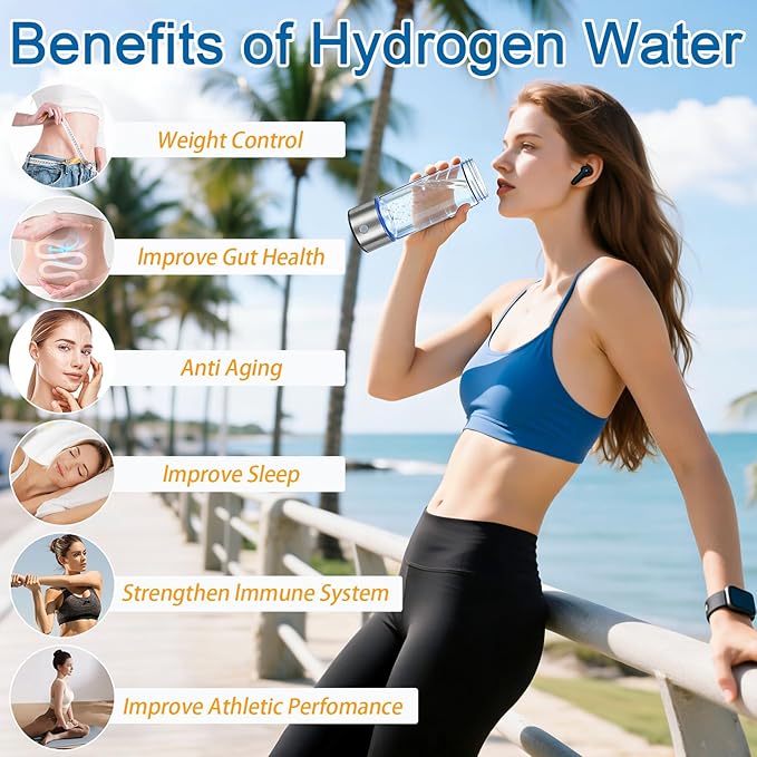 Hydrogen Water Bottle Generator - Portable Hydrogen Water Ionizer Machine SPE PEM Tech, Rechargeable Hydrogen Rich Water Glass Bottle for Home Gym Office and Travel Hydrogen Bottle
