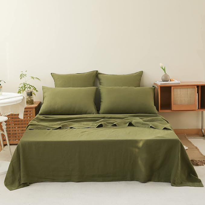 Simple&Opulence Washed Linen Bed Sheet Set Basic Style 4 Pieces (1 Flat Sheet & 1 Fitted Sheet & 2 Pillowcases) 100% Natural French Flax Soft Breathable Farmhouse Bedding (King, Olive Green)